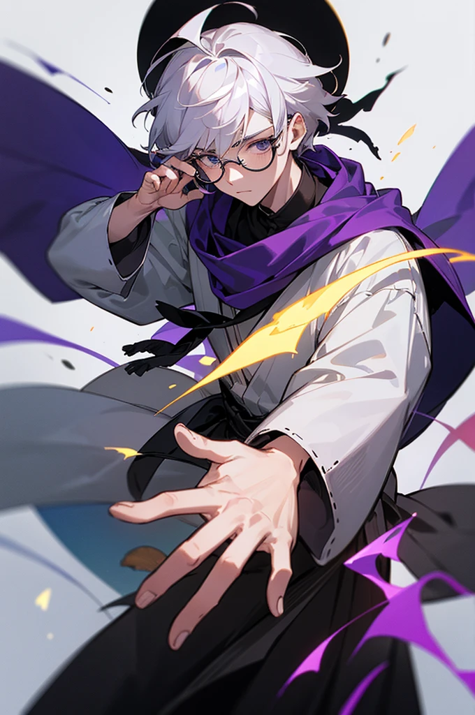 Shawm - 21 years old young man, which was destined for a greater doings. Shawm is a young man, around 21 years old, a sorcerer which is quite skilled in the magic of cursed purple flames. He's short, well built. Usually frowning face shows no sign of emotion, and his half-closed emotionless blank black eyes only consolidate that fact. Tousled white hair with a slight purple colour in it's roots brushed behind, with a small bunch
of it sticking up before his eyes. Usually he's dressed in a white shirt, white hakama and black runners. On the neck he wears black long scarf with two tips waving behind his back, and on the waist usually wrapped his black and white coloured jacket, wrapped by its sleeves around his body. On Shawm's shoulder usually should be seen a small chibi cat with glasses on - it's his spiritual animal and a teacher, which helps him use his powers. Cursed flames gather around his figure in a small spiritual swirling balls.