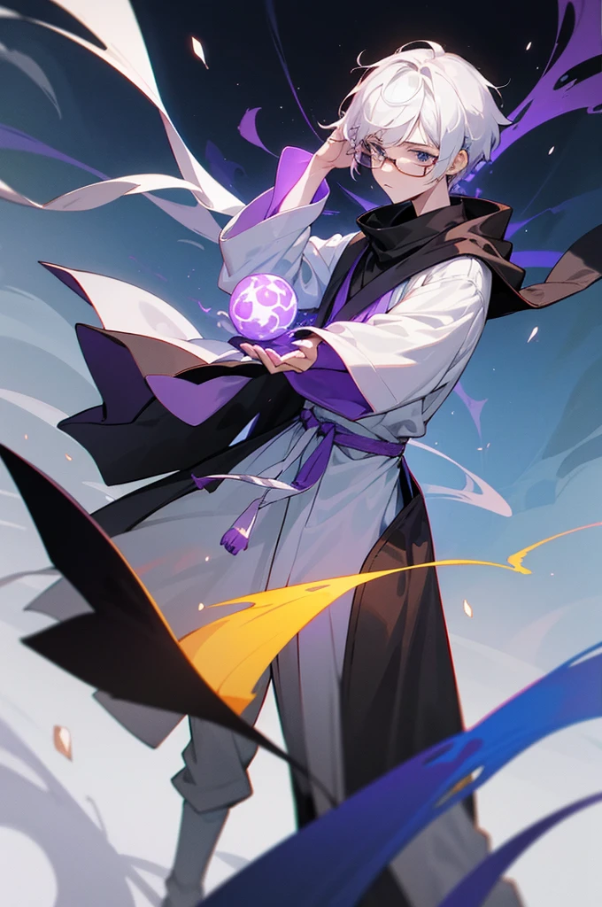 Shawm - 21 years old young man, which was destined for a greater doings. Shawm is a young man, around 21 years old, a sorcerer which is quite skilled in the magic of cursed purple flames. He's short, well built. Usually frowning face shows no sign of emotion, and his half-closed emotionless blank black eyes only consolidate that fact. Tousled white hair with a slight purple colour in it's roots brushed behind, with a small bunch
of it sticking up before his eyes. Usually he's dressed in a white shirt, white hakama and black runners. On the neck he wears black long scarf with two tips waving behind his back, and on the waist usually wrapped his black and white coloured jacket, wrapped by its sleeves around his body. On Shawm's shoulder usually should be seen a small chibi cat with glasses on - it's his spiritual animal and a teacher, which helps him use his powers. Cursed flames gather around his figure in a small spiritual swirling balls.