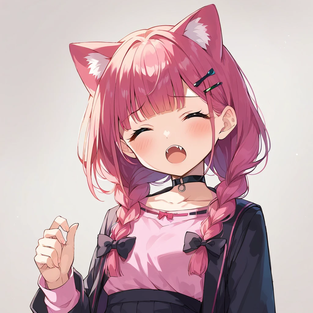 score_9, score_8_up, score_7_up, score_6_up, score_5_up, score_4_up, source_anime, clip skip:2
,Top quality, masterpiece, chibi character, animal ear girl, peal purple and blunt bangs hair, twin braids, eyes closed, mouth wide open and screaming, blushing, smilng,fangs,(a girl with closs hair pin,
pink shirt,cosplay, jirai kei, bangs, black skirt, black bow, looking at viewer, bow, long sleeves, choker, ribbon,portrait shot :1.4),From the side, she is wearing square headphones over her ears, and the Marshall logo,Walking slowly through Shibuya at sunset, looking down, fullbody shot,