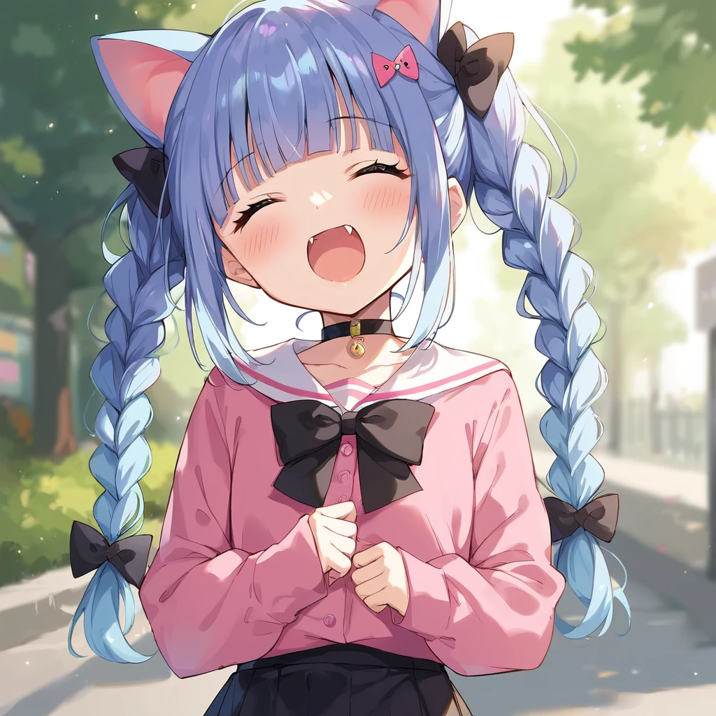 score_9, score_8_up, score_7_up, score_6_up, score_5_up, score_4_up, source_anime, clip skip：2
,Top quality, masterpiece, chibi character, animal ear girl, peal purple and blunt bangs hair, twin braids, eyes closed, mouth wide open and screaming, blushing, smilng,fangs,(a girl with closs hair pin,
pink shirt,cosplay, jirai kei, bangs, black skirt, black bow, looking at viewer, bow, long sleeves, choker, ribbon,portrait  shot :1.4),From the side, she is wearing square headphones over her ears, and the Marshall logo,Walking slowly through Shibuya at sunset, looking down, fullbody shot,