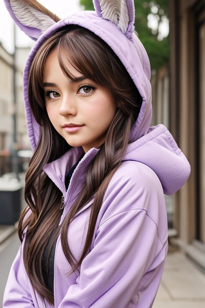 Make one sexy girl in anime style, one who has long brown hair and brown eyes with a lilac color, and who has rabbit ears on her hood.