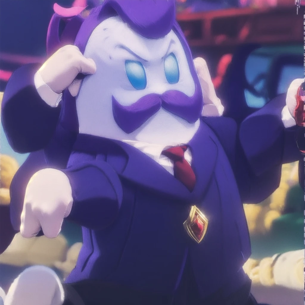Full body view, Haltmann, purple hair, purple mustache, round body, arms and hands, wearing a dark blue suit with pink vertical lining, pink shirt, red tie, black shoes, gold suit button with a red diamond, pale purple gloves, pink cuffs, pale purpmin, blue eyes, golden earpiece with antenna,sitting behind a desk