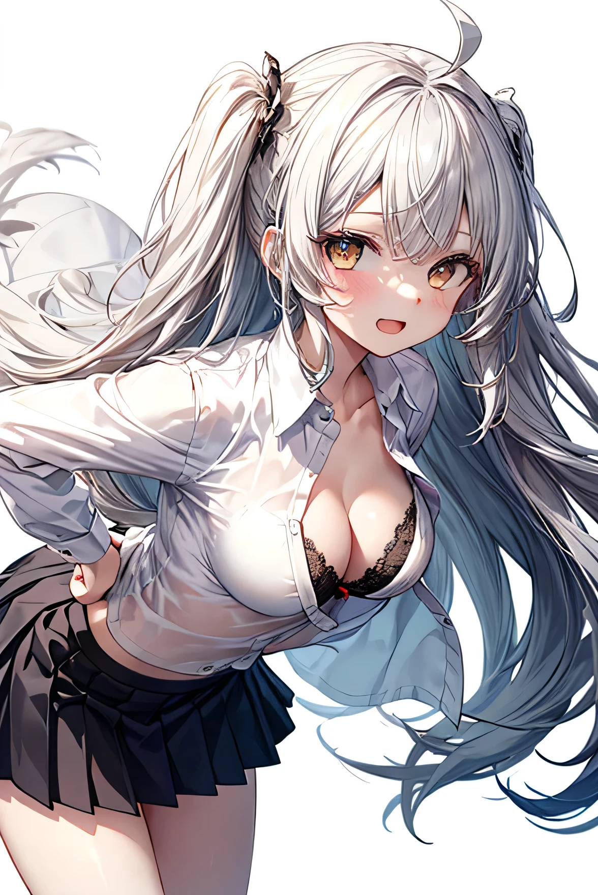 ((masterpiece, Highest quality)), (One girl), (alone), (Focus on women), (whole body)、(Ahoge, Gray Hair, Very long hair), Golden Eyes, Clear smile, Open your mouth, ((White shirt), (open button shirt), (Gap Button)), ((Black Skirt), (Short skirt)), Are standing, White Background, Put your arms behind your back, Dynamic Angle、((Bra is visible)),((Flip up the skirt、White panties are fully visible))、blush、Leaning forward