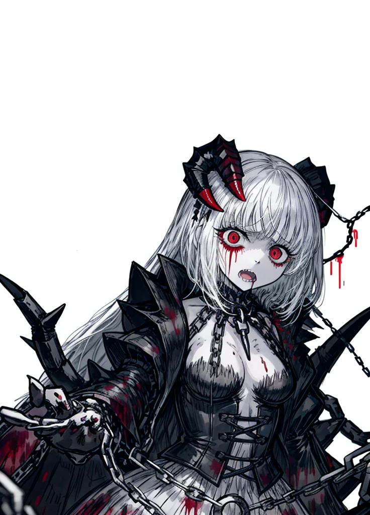 1girl,spider, insect, white hair, blood tears, dark circles under eyes, cursed,(blood covered, chains), scar covered, (high resolution, high detail, best quality), pain, scream, scream