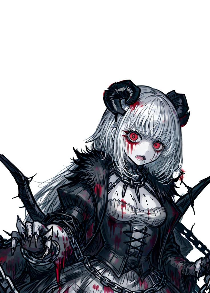 1girl,spider, insect, white hair, blood tears, dark circles under eyes, cursed,(blood covered, chains), scar covered, (high resolution, high detail, best quality), pain, scream, scream