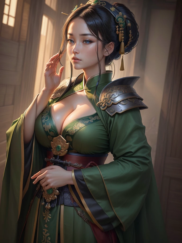 a close up of a woman in a green robe, inspired by Dong Yuan, zhao yun, inspired by Cao Zhibai, inspired by Guan Daosheng, inspired by Hu Zaobin, inspired by Huang Shen, inspired by Zhang Sengyao, inspired by Huang Ding, inspired by Wu Bin, inspired by Li Kan, guan yu, Highly detailed CG unit 8k wallpaper, masterpiece, High resolution, highest quality, highest quality real texture skin, Super Real, Digital Painting, Best image quality, 最High resolution, 8k, ((Highly detailed eyes and face, Beautiful eyes every detail)), profile, disproportionate breasts, huge breasts, sagging breasts, gigantic breasts, erect nipple, underboobs,