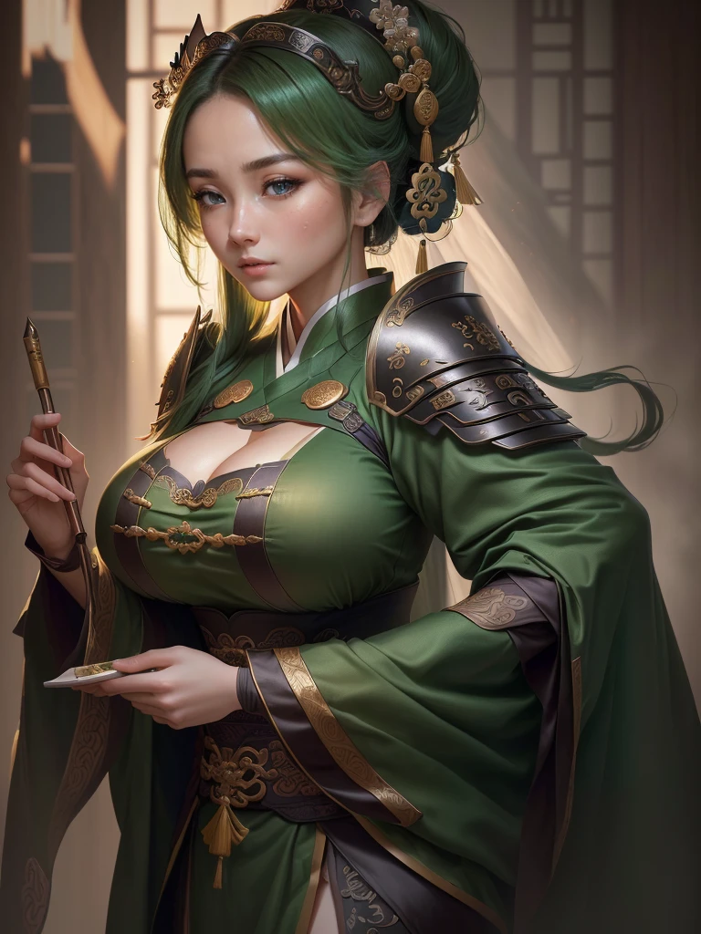 a close up of a woman in a green robe, inspired by Dong Yuan, zhao yun, inspired by Cao Zhibai, inspired by Guan Daosheng, inspired by Hu Zaobin, inspired by Huang Shen, inspired by Zhang Sengyao, inspired by Huang Ding, inspired by Wu Bin, inspired by Li Kan, guan yu, Highly detailed CG unit 8k wallpaper, masterpiece, High resolution, highest quality, highest quality real texture skin, Super Real, Digital Painting, Best image quality, 最High resolution, 8k, ((Highly detailed eyes and face, Beautiful eyes every detail)), profile, disproportionate breasts, huge breasts, sagging breasts, gigantic breasts, erect nipple, underboobs,