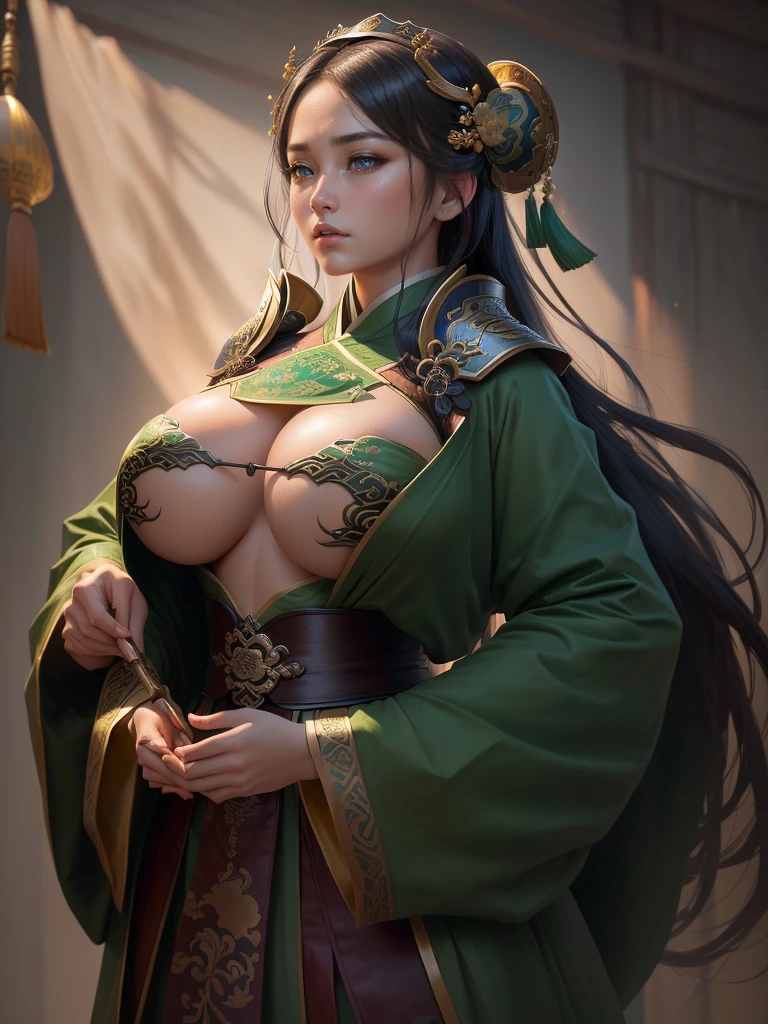 a close up of a woman in a green robe, inspired by Dong Yuan, zhao yun, inspired by Cao Zhibai, inspired by Guan Daosheng, inspired by Hu Zaobin, inspired by Huang Shen, inspired by Zhang Sengyao, inspired by Huang Ding, inspired by Wu Bin, inspired by Li Kan, guan yu, Highly detailed CG unit 8k wallpaper, masterpiece, High resolution, highest quality, highest quality real texture skin, Super Real, Digital Painting, Best image quality, 最High resolution, 8k, ((Highly detailed eyes and face, Beautiful eyes every detail)), profile, disproportionate breasts, huge breasts, sagging breasts, gigantic breasts, erect nipple, underboobs,