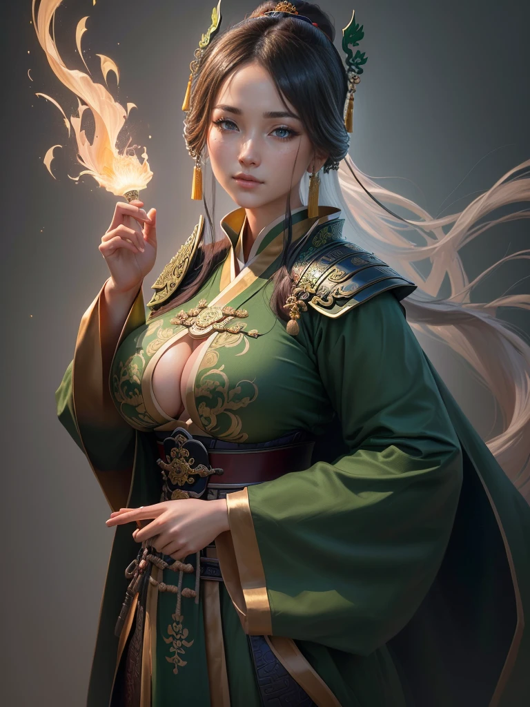 a close up of a woman in a green robe, inspired by Dong Yuan, zhao yun, inspired by Cao Zhibai, inspired by Guan Daosheng, inspired by Hu Zaobin, inspired by Huang Shen, inspired by Zhang Sengyao, inspired by Huang Ding, inspired by Wu Bin, inspired by Li Kan, guan yu, Highly detailed CG unit 8k wallpaper, masterpiece, High resolution, highest quality, highest quality real texture skin, Super Real, Digital Painting, Best image quality, 最High resolution, 8k, ((Highly detailed eyes and face, Beautiful eyes every detail)), profile, disproportionate breasts, huge breasts, sagging breasts, gigantic breasts, erect nipple, underboobs,