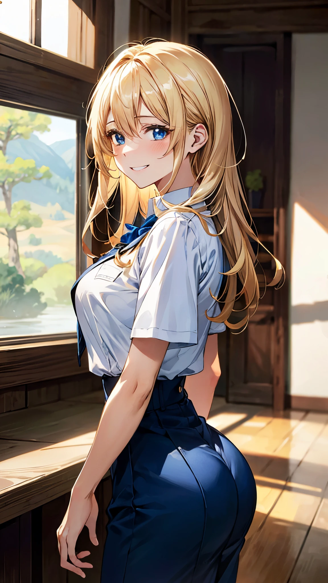 (masterpiece:1.3, best quality, Ultra-high resolution, Very detailed), (Practical, photoPractical:1.4), Fine quality illustrations, Perfect lighting, Natural light, rich and colorful, Cute and symmetrical face, Glowing skin,  (Double tail:1.5, Blonde), Hair between the eyes, blue eyes, (Large Breasts, seductive thigh, Big Ass),  (beautiful scenery),(Charming smile,), (Uniforms)