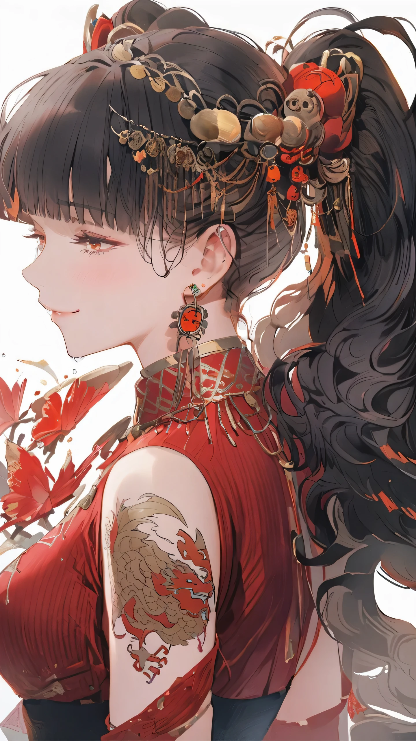 (masterpiece, best quality:1.2, absurdres),(1girl, black hair, hime cut, long hair, earrings, hair ornaments ,red eyes,smile, black vest, red shirt, black necktie, vertical-striped vest, corset, crying ,dragon tattoo on neck, dragon tattoo on shoulders, dragon tattoo on arms