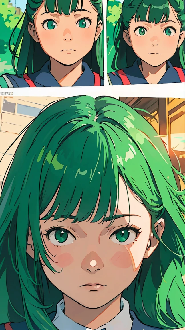 ((Facial Expression Variations)), Green Eyes, (Green Hair), ((Wavy Hair)), Uniform, One Girl, One Person, Very Beautiful, Best Quality, Great Quality, Curated, Shape, Very Detailed, Anime Coloring, Very Detailed, Official Art, Warm Tones, Sun Flares, Soft Shadows, Vibrant Colors, Very Detailed, Official Art, ((Hairstyle with Bangs)),