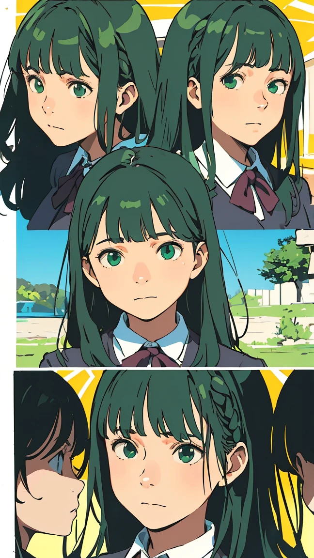 ((Facial Expression Variations)), Green Eyes, (Green Hair), ((Wavy Hair)), Uniform, One Girl, One Person, Very Beautiful, Best Quality, Great Quality, Curated, Shape, Very Detailed, Anime Coloring, Very Detailed, Official Art, Warm Tones, Sun Flares, Soft Shadows, Vibrant Colors, Very Detailed, Official Art, ((Hairstyle with Bangs)),