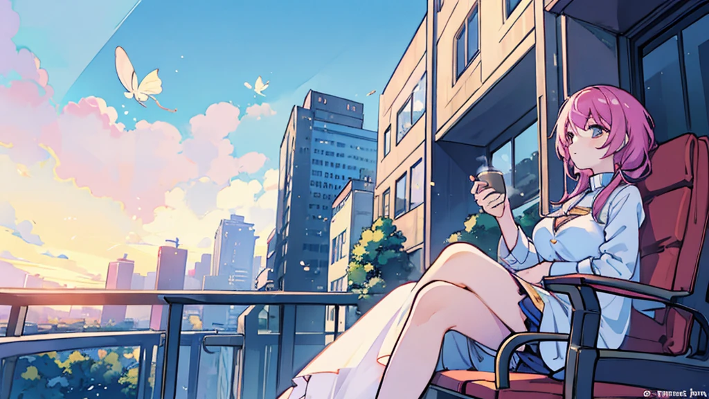 Woman sitting on the balcony looking up at the sky),(drink coffee),(Comfortable and comfortable seats),(Sunlight filtering through tall buildings),(The sky is clear.),(daytime),(Anime style landscape wallpaper with special details.),woman sitting with insect,