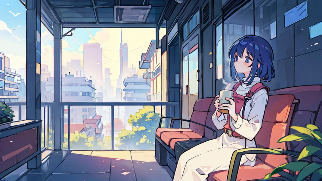 Woman sitting on the balcony looking up at the sky),(drink coffee),(Comfortable and comfortable seats),(Sunlight filtering through tall buildings),(The sky is clear.),(daytime),(Anime style landscape wallpaper with special details.),woman sitting with insect,