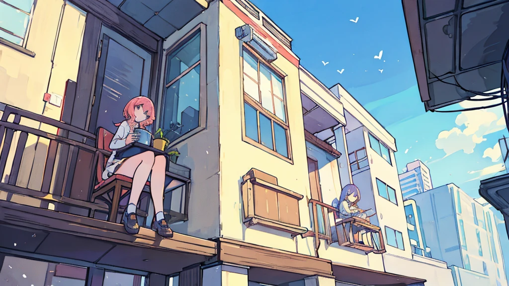 Woman sitting on the balcony looking up at the sky),(drink coffee),(Comfortable and comfortable seats),(Sunlight filtering through tall buildings),(The sky is clear.),(daytime),(Anime style landscape wallpaper with special details.),woman sitting with insect,