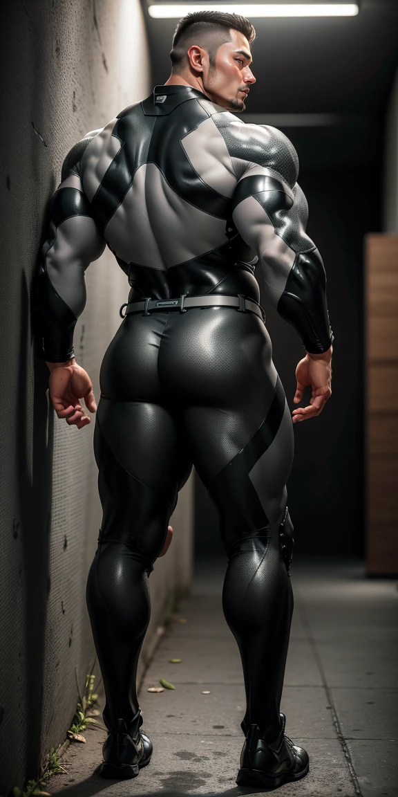 The back view of a particularly tall, giant, and muscular police officer.,Silver gray khaki camouflage wetsuit,He faced the wall and held it with both hands,round buttocks,Highlights,role conception, senior police officer,Wearing Silver gray khaki camouflage wetsuit,matte texture,regular symmetrical texture pattern,Standing in the dark sugar cane jungle, The body is wrapped in thick rattan,heroic male pose,Tall burly,muscular!Charming leg muscles,High, burly, Heqiang, Wearing Silver gray khaki camouflage wetsuit, Super gain and cool, high resolution committee, Big feet in silver gray boots,Charming strong man,The bright sunshine shines on you,Matte particles with shiny texture, front side view:1.2, action pose