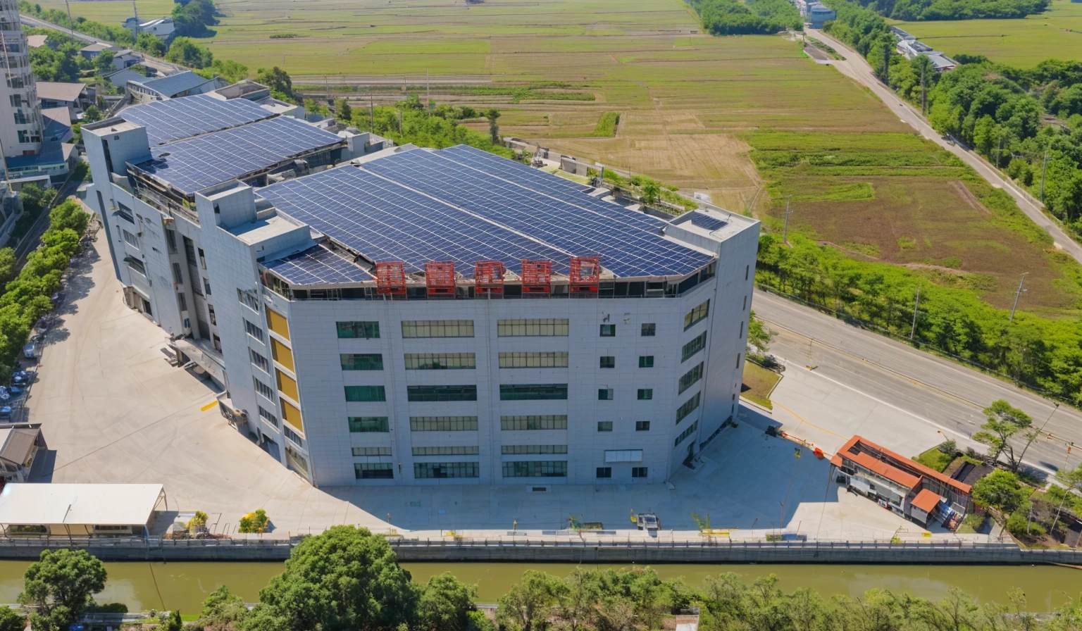 a view of a building with a solar panel on top of it, Company Profile Factory Photos, solar, Chiba Yudai, nanquan, Overhead shot, photo taken from above, sha xi, The above points, jinyiwei, outdoor filming, Aerial View, daoshi, sunny, full building, top view, Guangjian