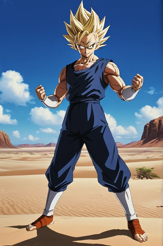 score_9, source_anime, score_8_up, score_7_up, detailed background, 1boy, solo, full body, Desert,  Majin dramatic lighting, dynamic pose, dynamic composition, action scene, action pose, crossed arms, evil smile