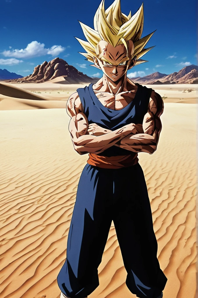 score_9, source_anime, score_8_up, score_7_up, detailed background, 1boy, solo, full body, Desert,  Majin dramatic lighting, dynamic pose, dynamic composition, action scene, action pose, crossed arms, evil smile