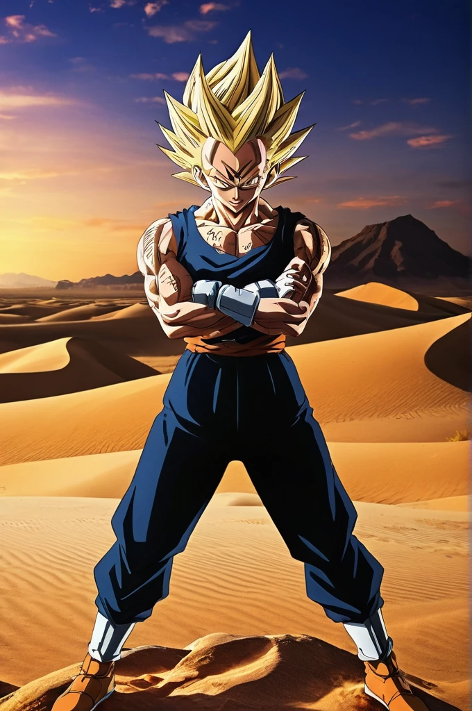 score_9, source_anime, score_8_up, score_7_up, detailed background, 1boy, solo, full body, Desert,  Majin dramatic lighting, dynamic pose, dynamic composition, action scene, action pose, crossed arms, evil smile