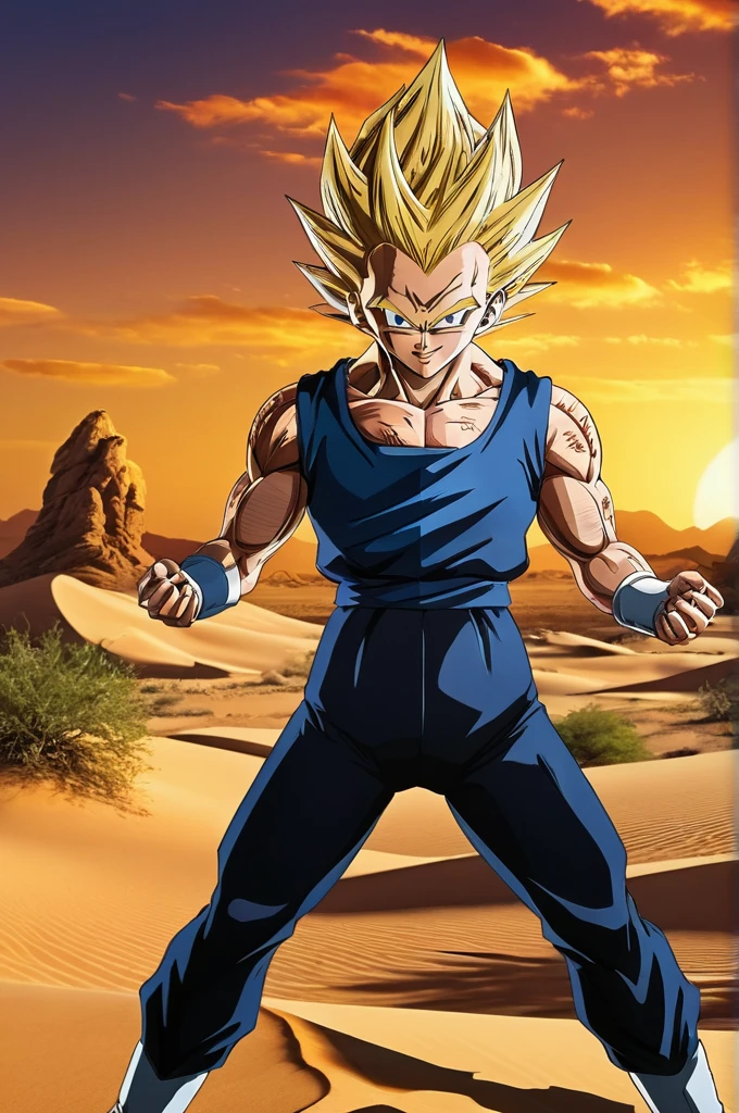 score_9, source_anime, score_8_up, score_7_up, detailed background, 1boy, solo, full body, Desert,  Majin dramatic lighting, dynamic pose, dynamic composition, action scene, action pose, crossed arms, evil smile