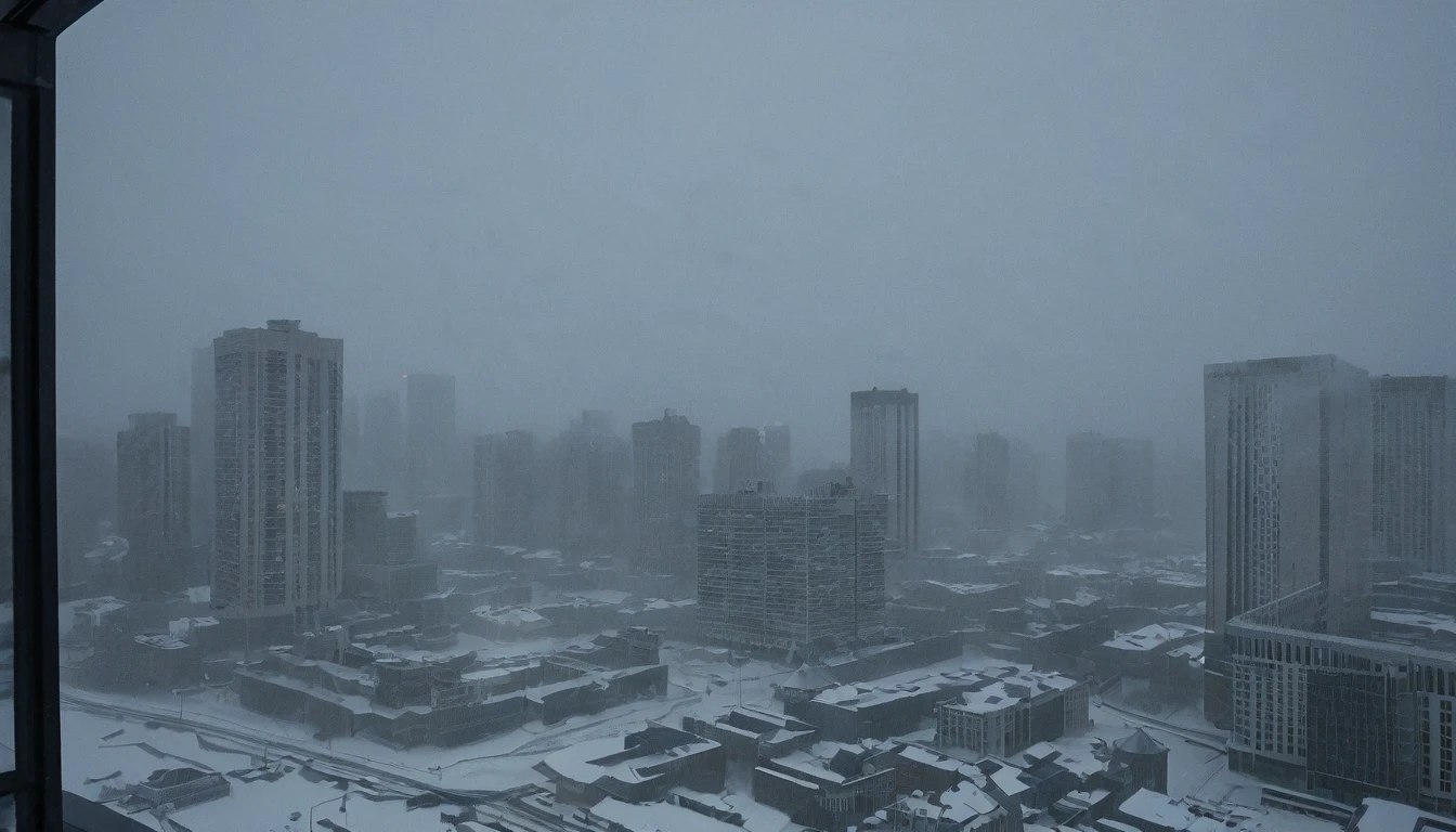 Cityscape, architecture, Non-human, cold sky,(blizzard:1.5), Snowstorm, City, dark sky, cold，Covered in heavy snow，Close-up of a building，Outside the window