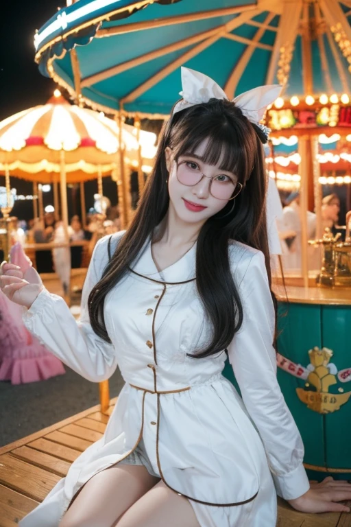 Highest quality、masterpiece、High sensitivity、High resolution、Detailed Description、Slender women、Glasses、Cool clothes、Ride the merry-go-round at an amusement park、looks fun