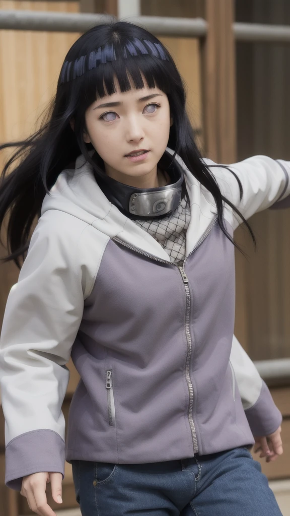 masterpiece, absurdres, 1girl, hinata\(shippuden\), solo,hooded jacket, fishnets, headband around neck, looking at viewer, floating hair, wind, blue pants,