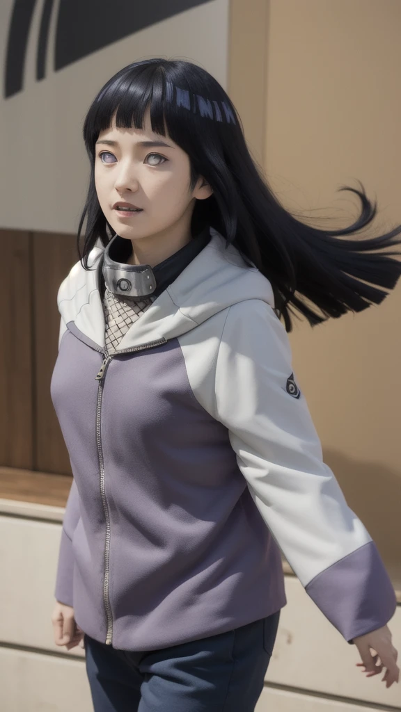 masterpiece, absurdres, 1girl, hinata\(shippuden\), solo,hooded jacket, fishnets, headband around neck, looking at viewer, floating hair, wind, blue pants,