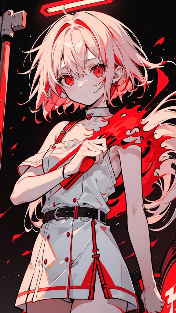a picture of a women 25 years old short white hair with strip red har standing in front of a red light, Candid Photography, white with strip red-haired deity, dynamic poses, white with strip redhaired girl, Crushing Despair, Flowing white with strip red, short Hair Anime Girl, perfect white with strip redhaired girl, , red eyes
