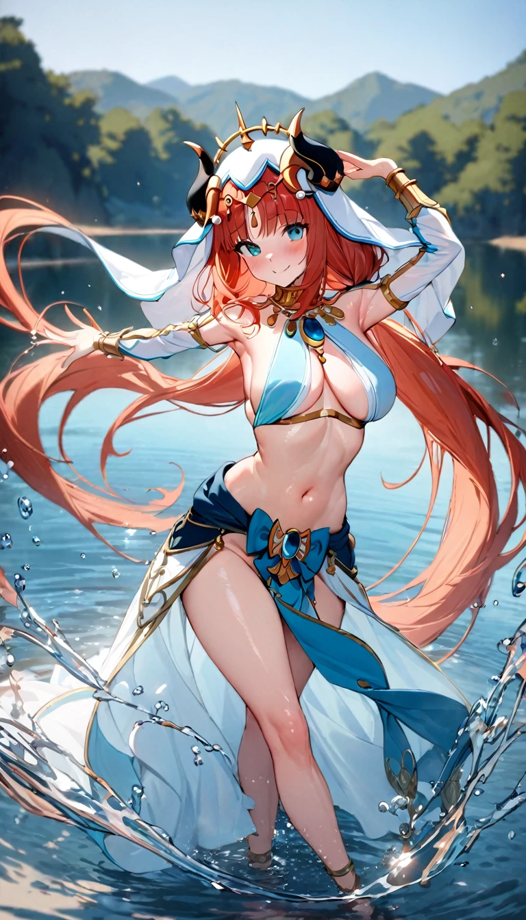 (((best quality)), ((masterpiece)), (details), masterpiece, best quality, high quality, ulutra detailed, perfect face,Shiny Hair、Glowing Skin、blush、nilou、whole body、Dancer、lake、Splash、dance、smile、Sideboob、nilou,1girl,独奏,horns,Veil,navel,