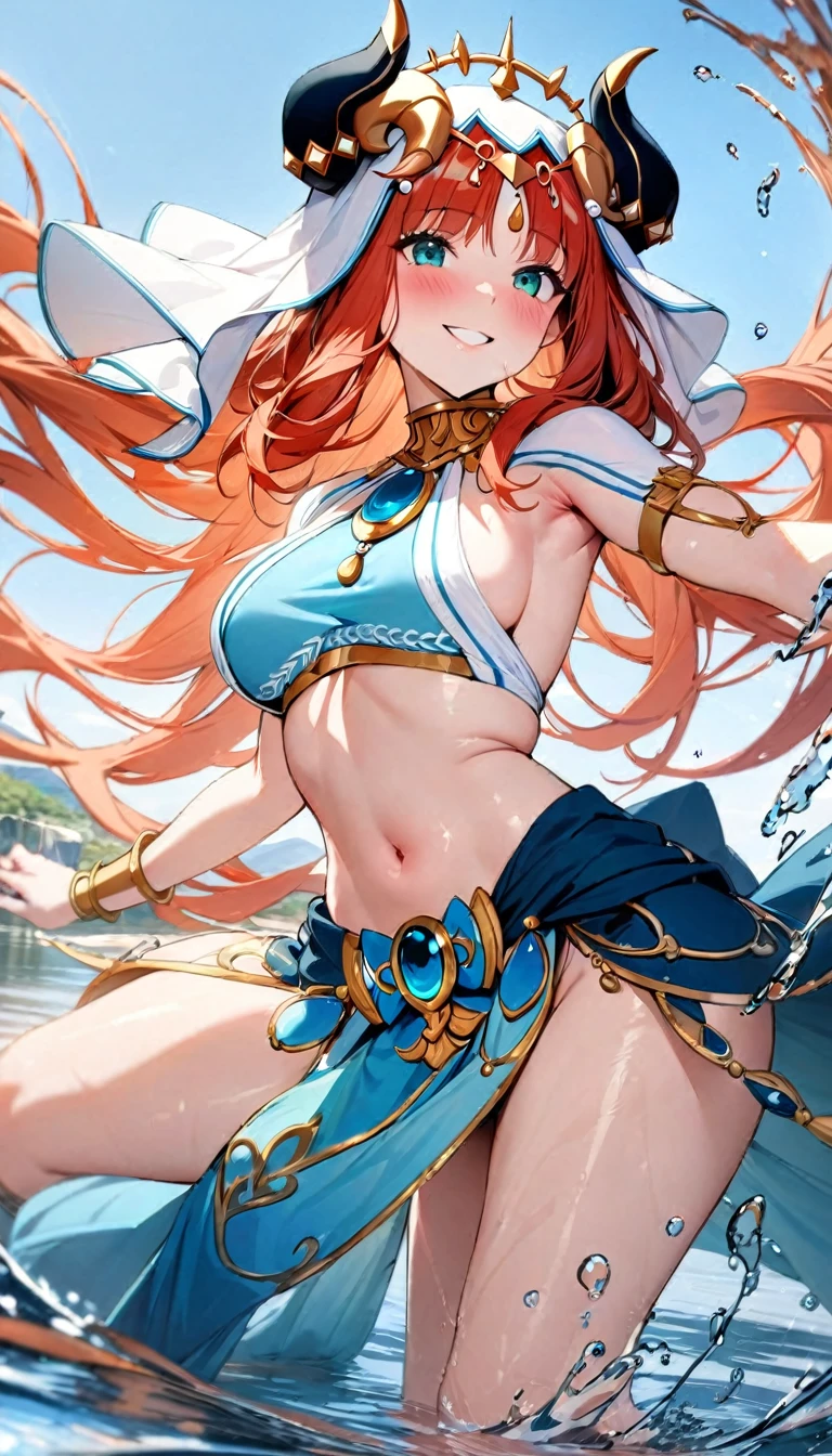 (((best quality)), ((masterpiece)), (details), masterpiece, best quality, high quality, ulutra detailed, perfect face,Shiny Hair、Glowing Skin、blush、nilou、whole body、Dancer、lake、Splash、dance、smile、Sideboob、nilou,1girl,独奏,horns,Veil,navel,