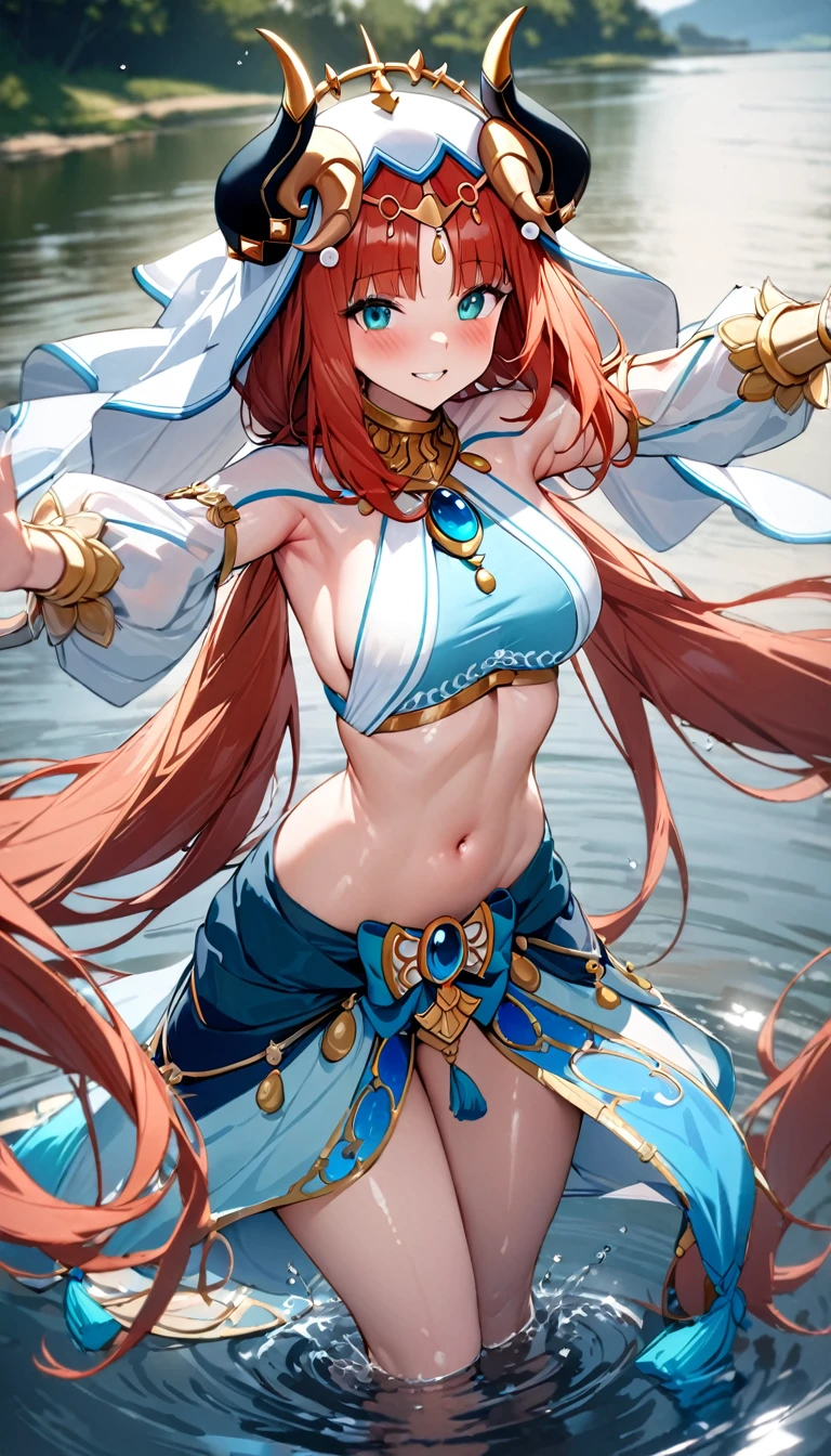 (((best quality)), ((masterpiece)), (details), masterpiece, best quality, high quality, ulutra detailed, perfect face,Shiny Hair、Glowing Skin、blush、nilou、whole body、Dancer、lake、Splash、dance、smile、Sideboob、nilou,1girl,独奏,horns,Veil,navel,
