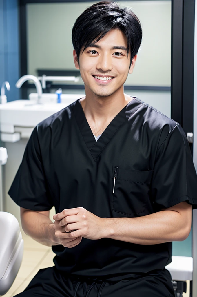 dentist male Wearing black medical scrubs, Japanese, black hair, late 20s Main upper body smile Black