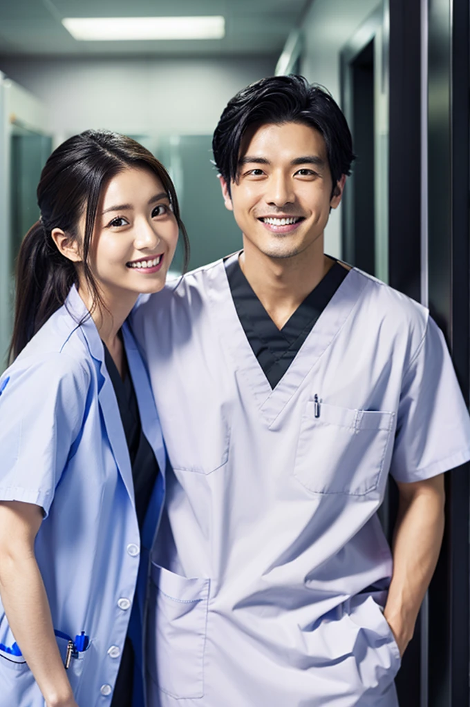 dentist male Wearing black medical scrubs, Japanese, black hair, late 20s Main upper body smile Black