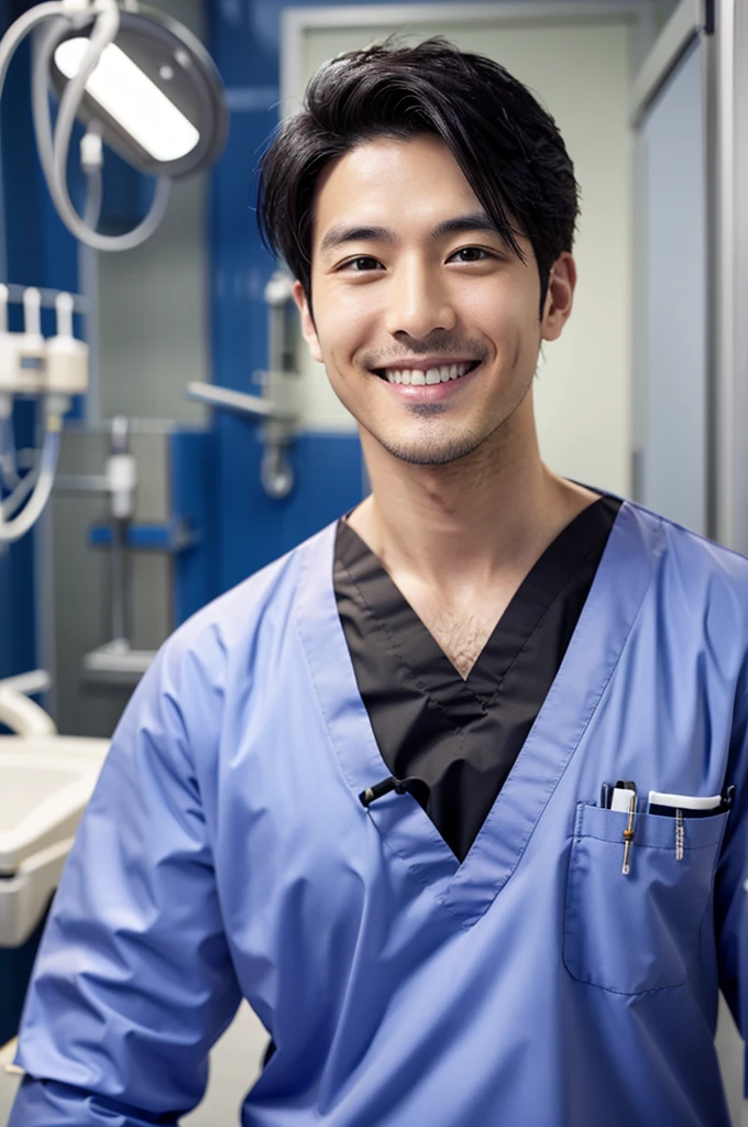 dentist male Wearing black medical scrubs, Japanese, black hair, late 20s Main upper body smile Black