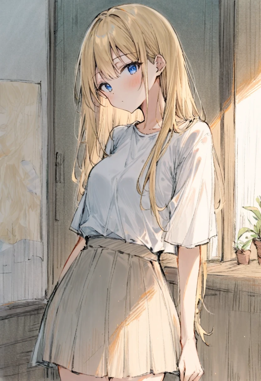 1girl,18years old, blonde hair, one length hair, blue eyes, shirt, skirt, room, masterpiece, best quality, absurdres, cowboy shot, colored pencil art style, hand-drawn aesthetic, soft shading, textured paper background, gentle colors, sketch-like quality, artistic portrait, delicate lines, subtle blending, warm lighting