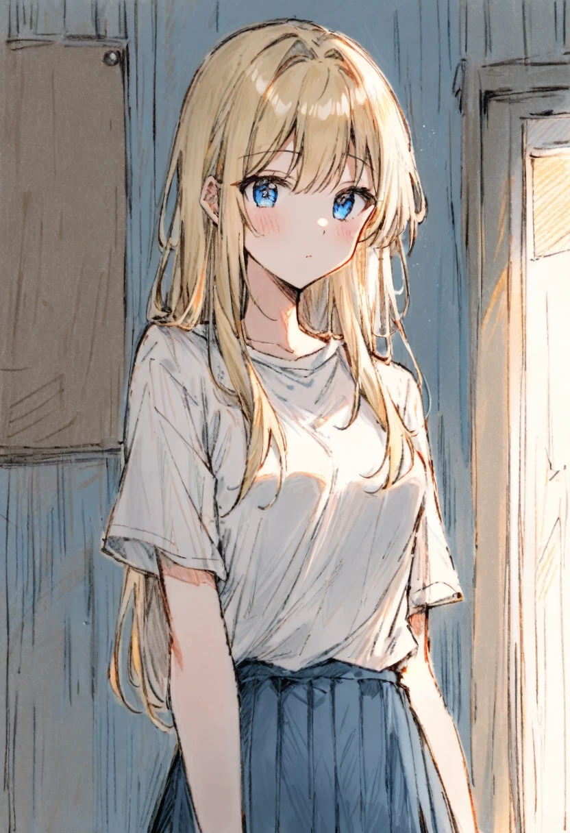 1girl,18years old, blonde hair, one length hair, blue eyes, shirt, skirt, room, masterpiece, best quality, absurdres, cowboy shot, colored pencil art style, hand-drawn aesthetic, soft shading, textured paper background, gentle colors, sketch-like quality, artistic portrait, delicate lines, subtle blending, warm lighting
