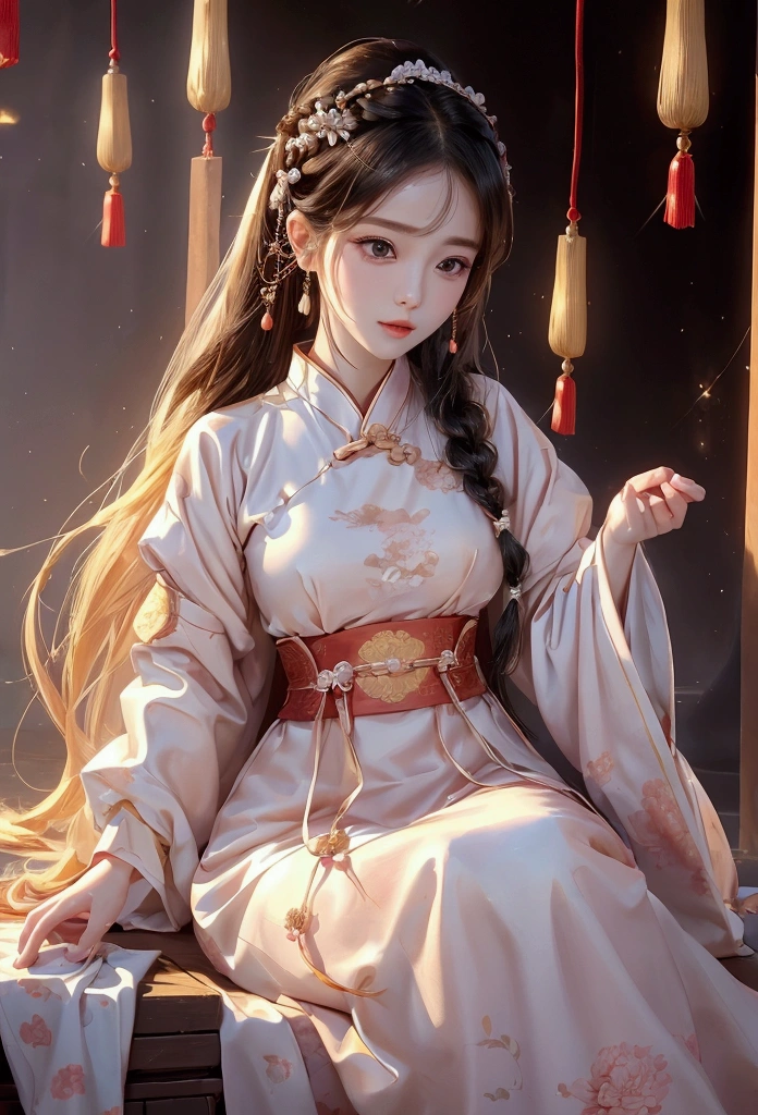face close up, A particularly detailed face,woman, Chinese style, Ancient Wind,Hanfu, Sitting position, long white hair, delicate clothing styles, elegance, beautiful, elegance, smile,sky sky, ribbon,feeling broken, it is, bubble, double braid, hair, diagonal, headband, hair accessories,sparkling, movie theater lighting, Hyper HD, high resolution, 最High quality, 8ก, Highly detailed, High quality, Superb details, Anatomically correct, Masterpiece, precise,Plump,Landscape Painting,screen、exposed thighs