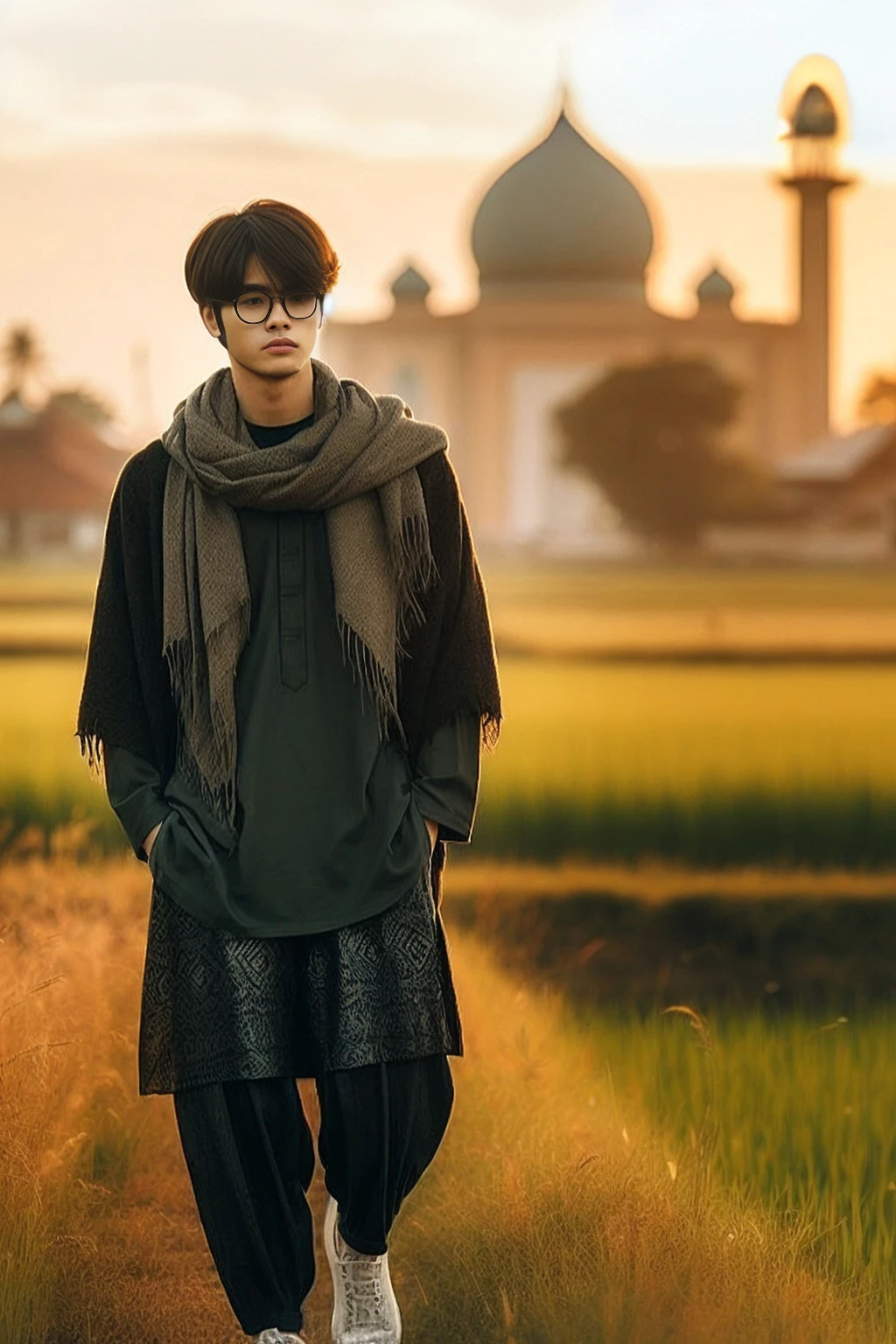 arafed man standing in a field with a mosque in the background, profile picture 1024px, male ulzzang, mid shot portrait, with square glasses, style blend of hideo kojima, taken at golden hour, medium shot portrait, wearing japanese techwear, portrait shot, cinematic outfit photo, landscape shot, inspired by Yamagata Hiro