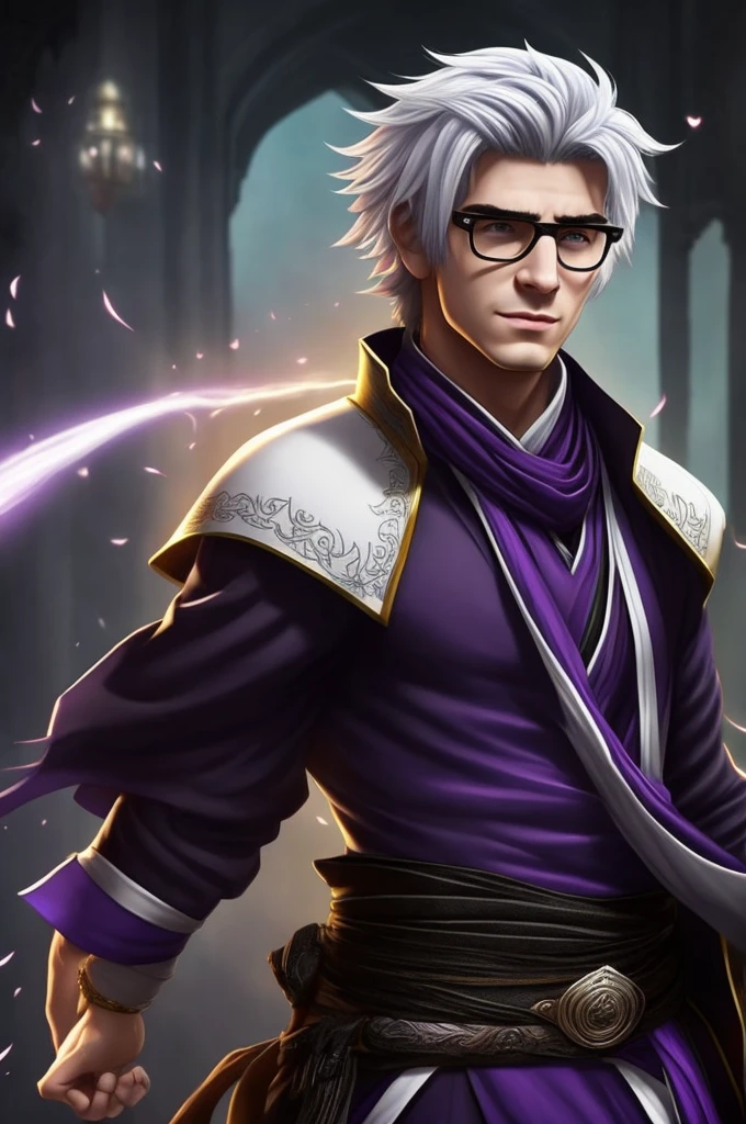 Shawm - 21 years old young man, which was destined for a greater doings. Shawm is a young man, around 21 years old, a sorcerer which is quite skilled in the magic of cursed purple flames. He's short, well built. Usually frowning face shows no sign of emotion, and his half-closed emotionless blank black eyes only consolidate that fact. Tousled white hair with a slight purple colour in it's roots brushed behind, with a small bunch
of it sticking up before his eyes. Usually he's dressed in a white shirt, white hakama and black runners. On the neck he wears black long scarf which covers his mouth, with two tips waving behind his back, and on the waist usually wrapped his black and white coloured jacket, wrapped by its sleeves around his body. On Shawm's shoulder usually should be seen a small white chibi cat with glasses on - it's his spiritual animal and a teacher, which helps him use his powers. Cursed flames gather around his figure in a small spiritual swirling balls.