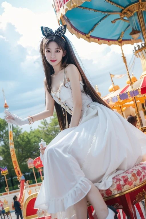 Highest quality、masterpiece、High sensitivity、High resolution、Detailed Description、Slender women、Glasseini dress、Amusement park merry-go-round、Straddle、looks fun
