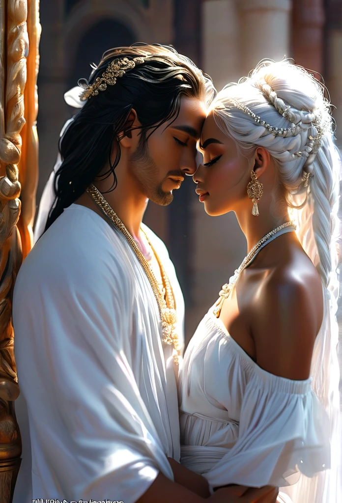 Romance in a heavenly palace, le titre est Soulmate, un couple de jeune juge noir de peau dans un tribunal céleste, le juge a des cheveux blancs, la juge est africaine indienne, elle est (((enceinte))), elle a des longs cheveux noirs, il a les cheveux blancale judge long white hair tied up)), ils ont chacun un sceptre, visage très fins, (((very beautiful))), visages parfait, corps entier, Romantic scene, romantic Way, couple sexy, (((hot scene))), 8K, extremely detailed, (high quality,realistic,photorealistic:1.37)
