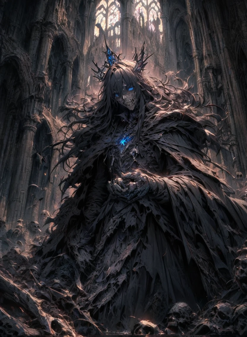 undead king, dark fantasy, detailed facial features, blue eyes,  eyes, bony hands, flowing tattered cloak, decaying bones, sinister expression, dark moody lighting, dramatic pose, gothic cathedral interior, intricate detailed textures, dark color palette, cinematic composition,starrystarscloudcolorful
