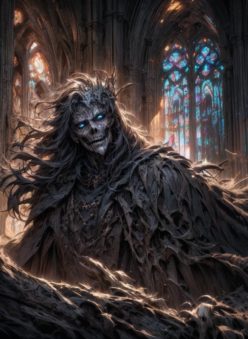 undead king, dark fantasy, detailed facial features, blue eyes, eyes, bony hands, flowing tattered cloak, decaying bones, sinister expression, dark moody lighting, dramatic pose, gothic cathedral interior, intricate detailed textures, dark color palette, cinematic composition,starrystarscloudcolorful
