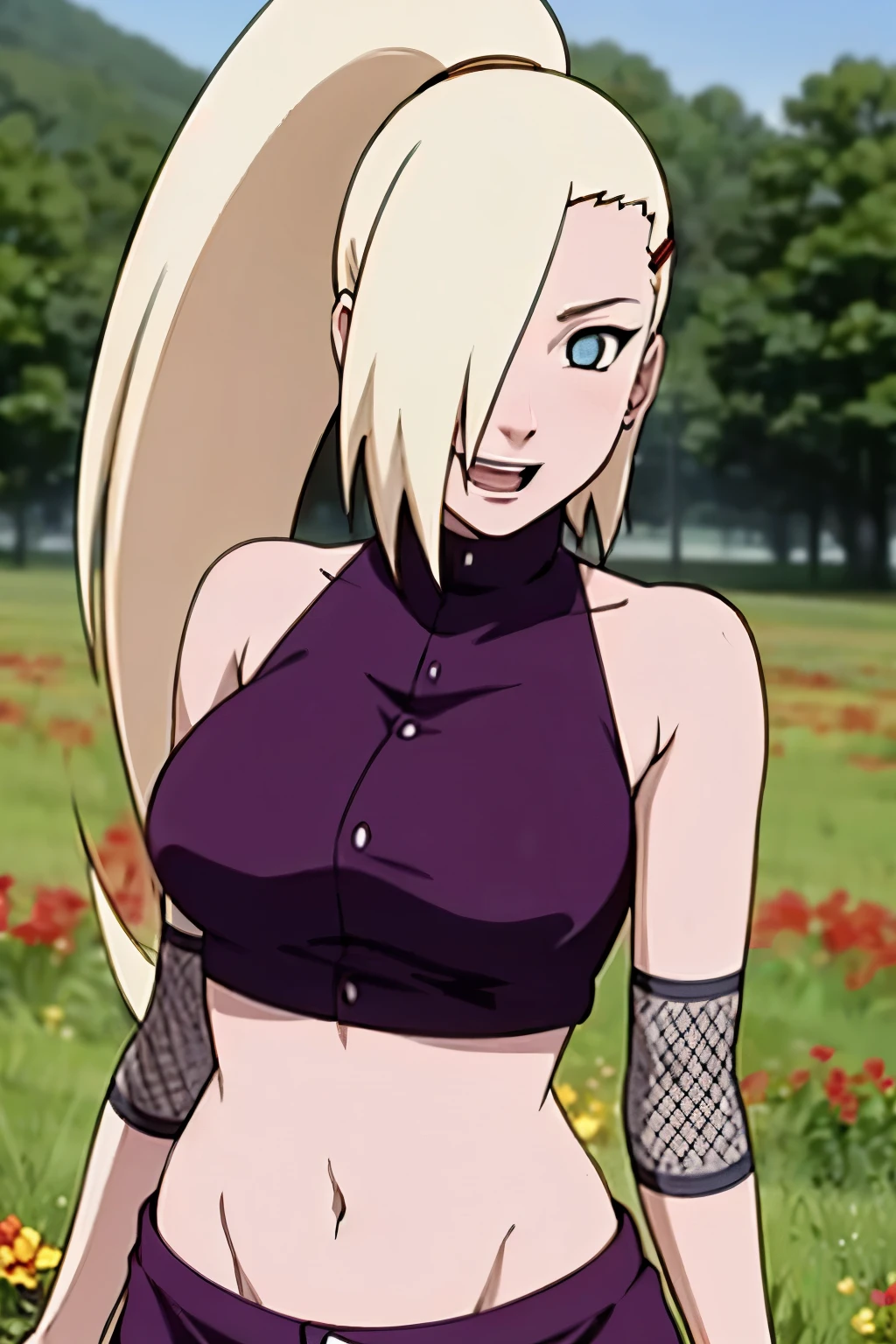 (Purple clothes), Ino yamanaka, ultra details, ultra detailed hair, looking at the viewer, gorgeous, attractive, groin, cowboy shot, ultra detailed face, (ultra detailed body:1.0), sunny day, day time, shiny skin, upper body view, anime style, solo, detailed flower field, blonde, (focus on face), ((one eye covered with hair, hair over eye, ponytail)), (medium breasts), belly button, looking at the viewer, thick arms, (off-shoulders, wide shoulders, curving body), hidden eye, smile, open mouth, very happy, tall, hair clip, sharp look, sharp face, sharp eye, cold colors,