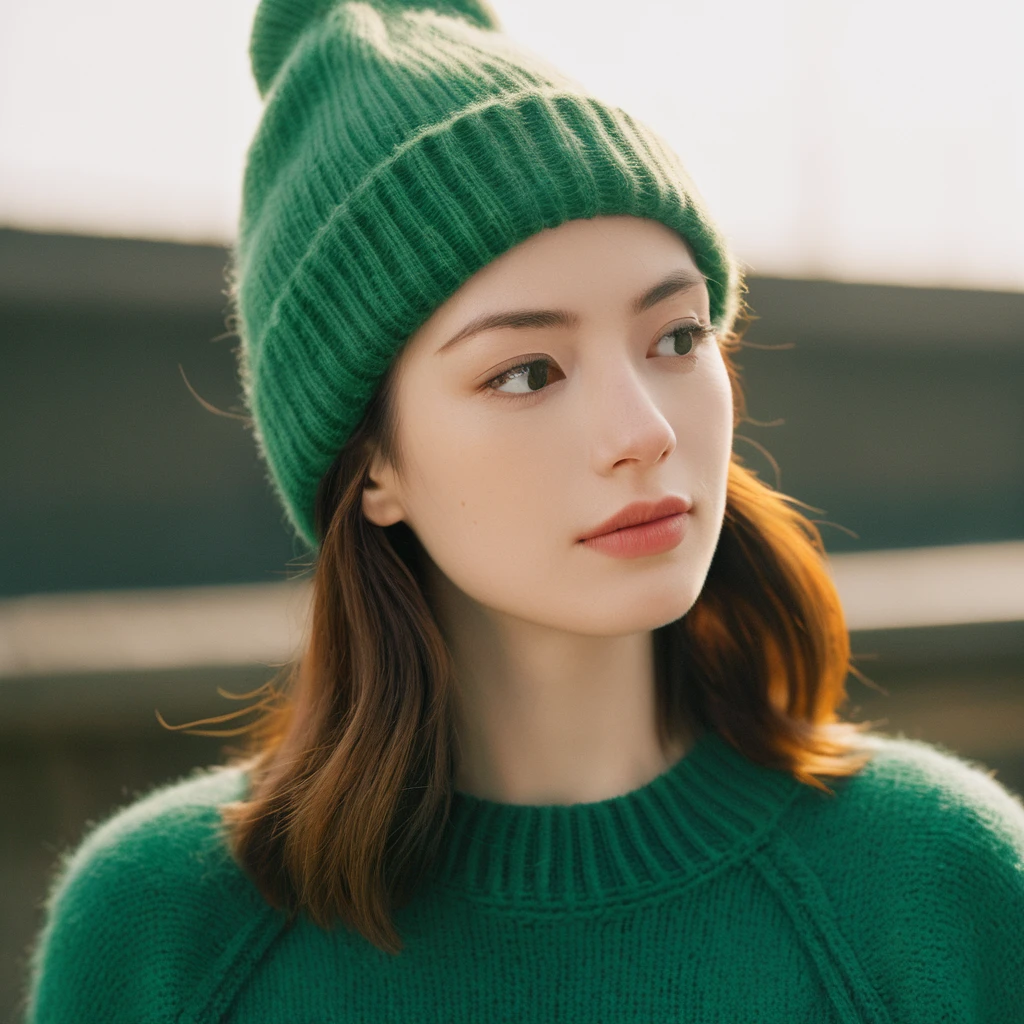 Closeup profile angle portrait photo of a beautiful face cute ginger Japanese kawaii woman,still from the film, (Anne Hathaway look alike face: 0.9), wearing a green sweater and an animal beanie, hyperrealistic photography, Leica SL3, Summicron-SL 75 f/2 ASPH, Kodak Gold 200 film,