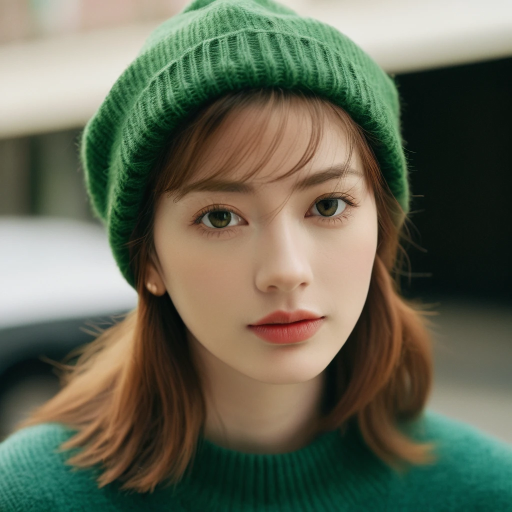 Closeup profile angle portrait photo of a beautiful face cute ginger Japanese kawaii woman,still from the film, (Anne Hathaway look alike face: 0.9), wearing a green sweater and an animal beanie, hyperrealistic photography, Leica SL3, Summicron-SL 75 f/2 ASPH, Kodak Gold 200 film,