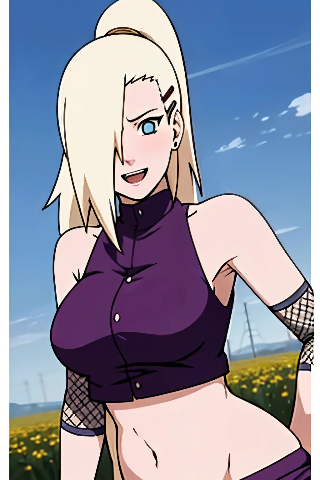 (Purple clothes), Ino yamanaka, ultra details, ultra detailed hair, looking at the viewer, gorgeous, attractive, groin, cowboy shot, ultra detailed face, (ultra detailed body:1.0), sunny day, day time, shiny skin, upper body view, anime style, solo, detailed flower field, blonde, (focus on face), ((one eye covered with hair, hair over eye, ponytail)), (medium breasts), belly button, looking at the viewer, thick arms, (off-shoulders, wide shoulders, curving body), hidden eye, smile, open mouth, very happy, tall, hair clip, sharp look, sharp face, sharp eye, cold colors,
